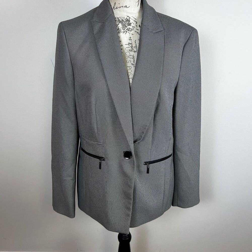 Le Suit Blazer Jacket Womens 12 Gray Black Textured Single Button Zip Accents